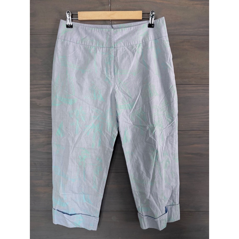 J. McLaughlin Women Seersucker  Capris Pants 8 White Blue Beach Resort‎ Summer